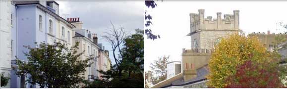 Image 1: Row of terraced housing. Image 2: Crop of turret with Autumn-shade trees in foreground.