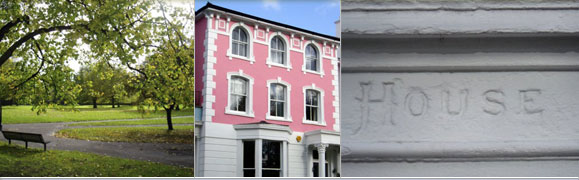 Image 1: Park view - trees, greenery, empty bench. Image 2: Crop of terraced property, pink exterior. Image 3: Close-up of engraving on stone brickwork - reads:'HOUSE'