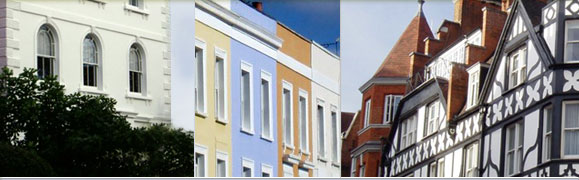 Image 1: White stone property. Image 2: Row of tall pastel shade housing. Image 3: Exterior of tudor style property.